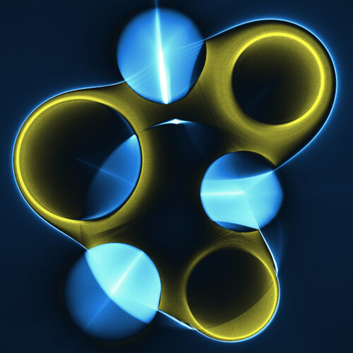 abstract digital art showing interconnected yellow and blue glowing rings with blurred circular highlights on a dark background. the image gives a futuristic, luminous effect with smooth, soft edges and geometric shapes.